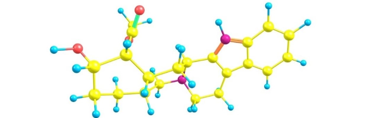 Representa&ccedil;&atilde;o 3D da estrutura molecular da ioimbina