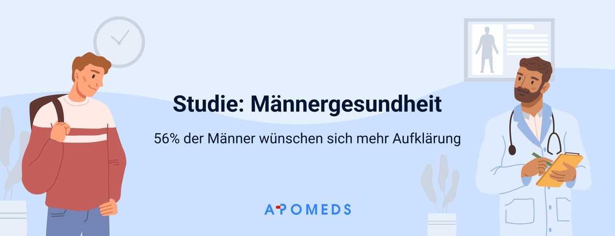 Titelbild zur Studie M&auml;nnergesundheit von Apomeds mit einem Arzt und einem jungen Mann auf blauem Hintergrund abgebildet