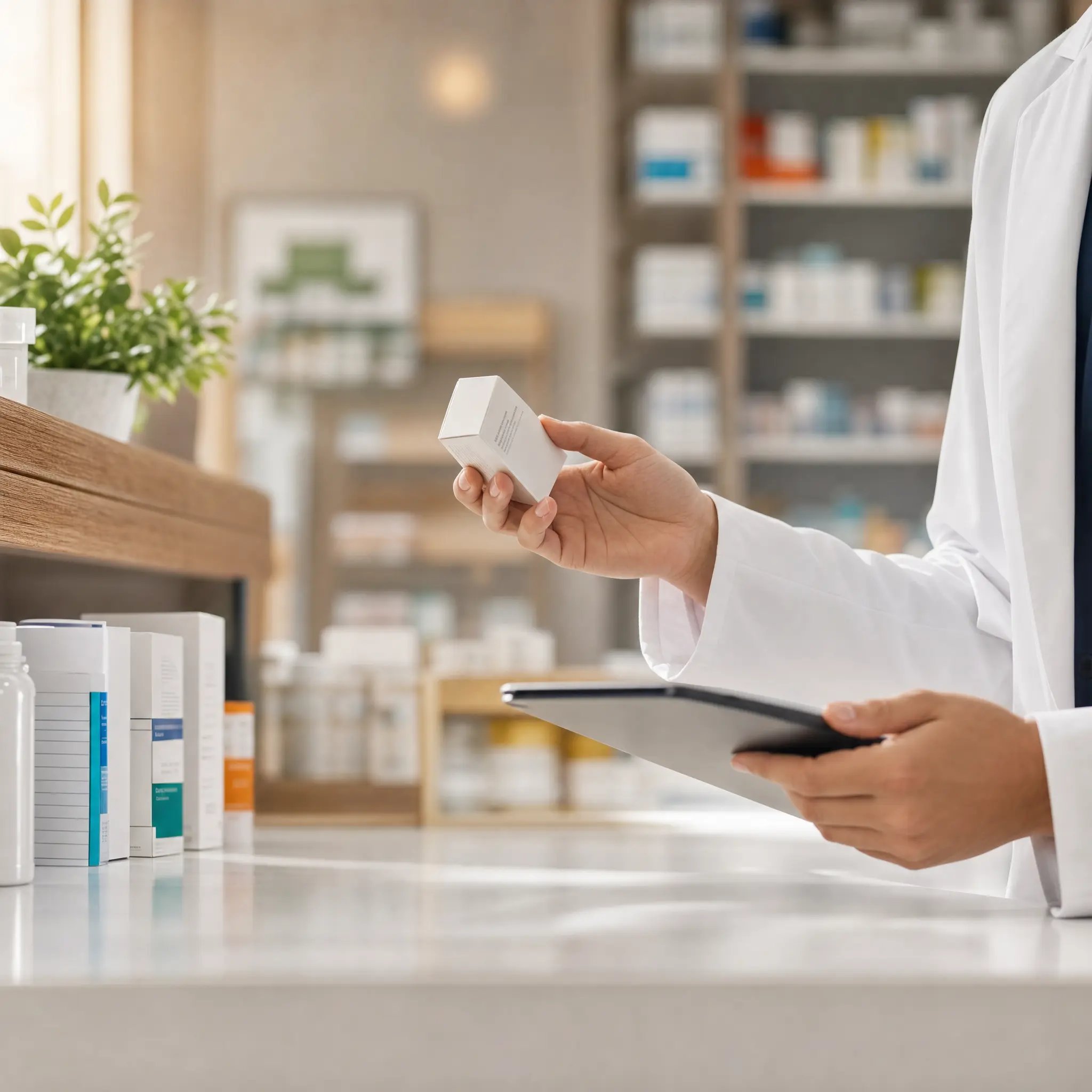 Um farmacêutico verificando embalagens de medicamentos em uma farmácia moderna