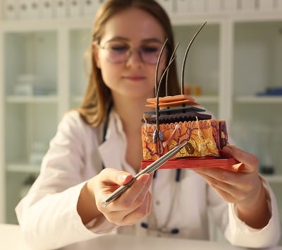 Doktor Trichologe zeigt k&uuml;nstliches Modell der menschlichen Haut mit Haaren.